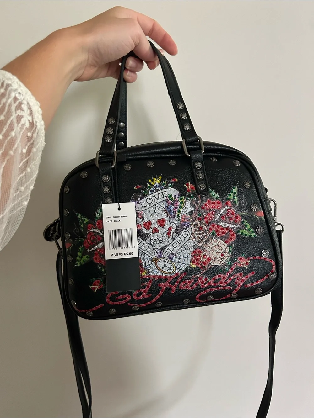 Ed Hardy Black Embellished Heart Skull Graphic Dome Satchel